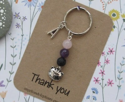 ANGELS & ELEPHANTS Cat Keyring, Diffuser Keyring, Gemstone, Personalised, Thank You Gift Xmas