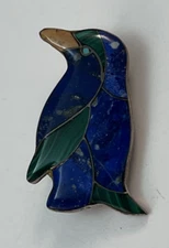 980 Sterling Silver Lapis Malachite Inlay Penguin Brooch Pin or Pendant