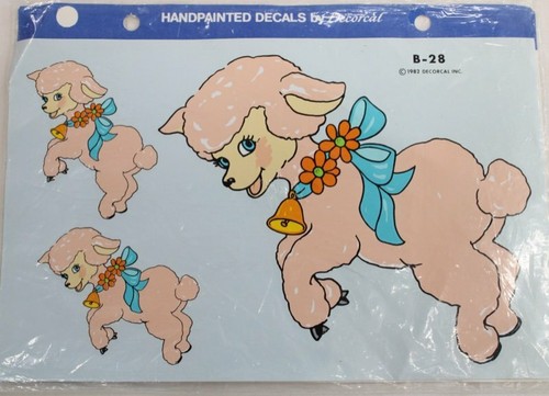 Calcomanías vintage decorativas corderos rosas pintadas a mano #B-28 1982 nuevas en paquete - Imagen 1 de 8