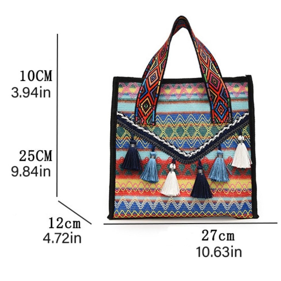Large Capacity Canvas Tassel Tote Bag Embroidery Stripe Wrist Bag