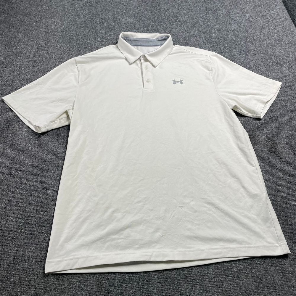 Under Armour Mens White Short Sleeve Polo Shirt Size L with Button Collar