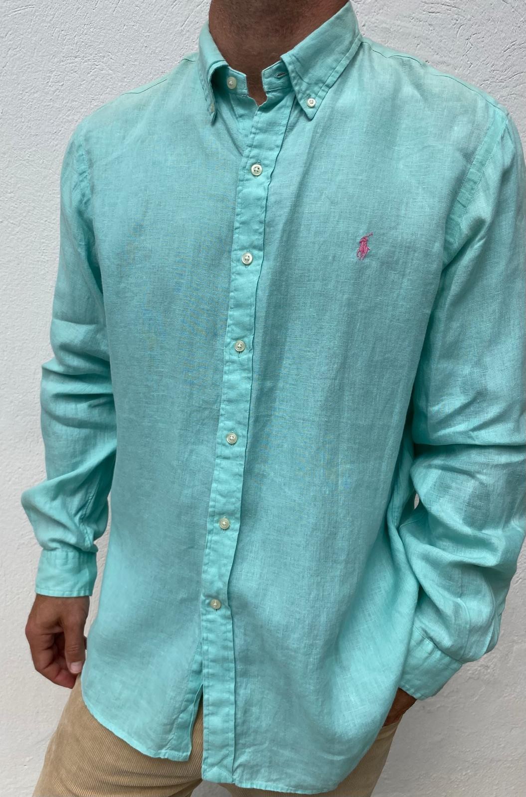 Ralph Lauren Men's Green Linen Shirt Size 42 UK Vintage RRP £150