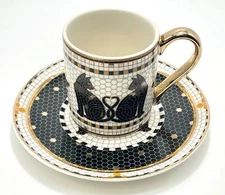 ANTHROPOLOGIE Bistro Tile Black Cats ESPRESSO Cup & Saucer Set Halloween NEW 