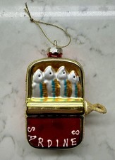 Red  Gold Can Of Sardines Hand Painted Blown Glass Christmas Ornament 4  Tall