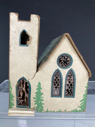 Vintage Christmas Putz Church, Cardboard ~ 4.5" x 4.5" x 5.75" High - Picture 2 of 19