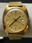 Vintage 1976 Timex Viscount Automatic Date 47562 03276 Gold Linen Crosshair Dial