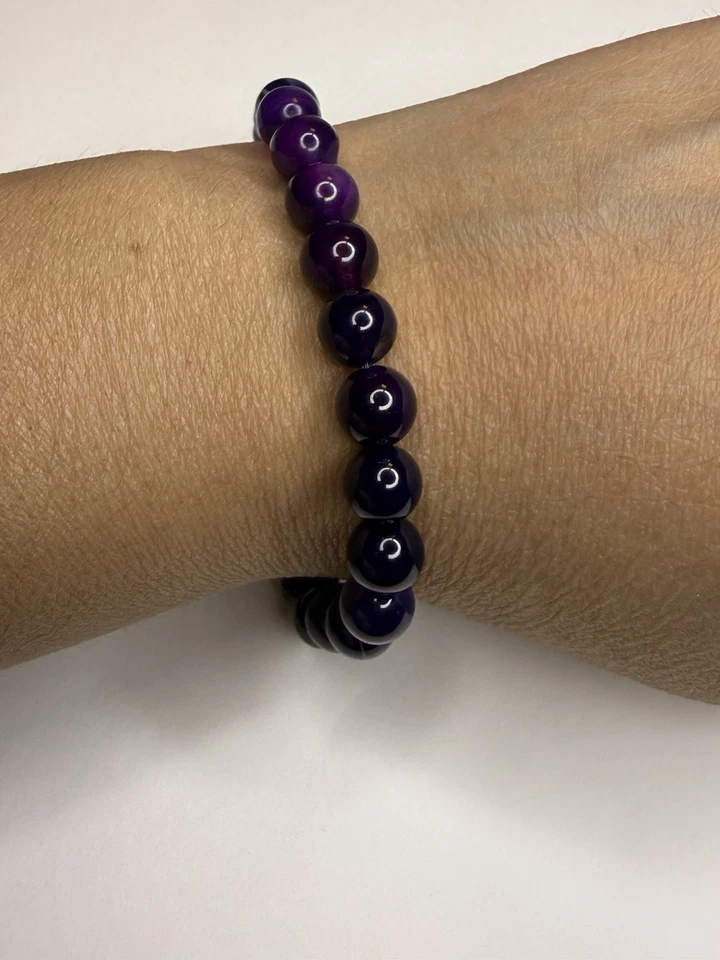 Pulsera con cuentas de piedras preciosas de ágata púrpura natural 8 mm joyería de cristal elástico Foto 3 de 4