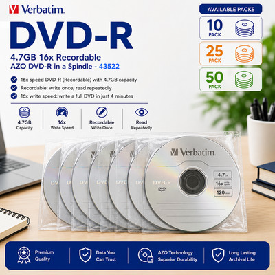 Verbatim 43522 DVD-R AZO 4,7GB 16X Matt Silver Discs + Wallets Pack