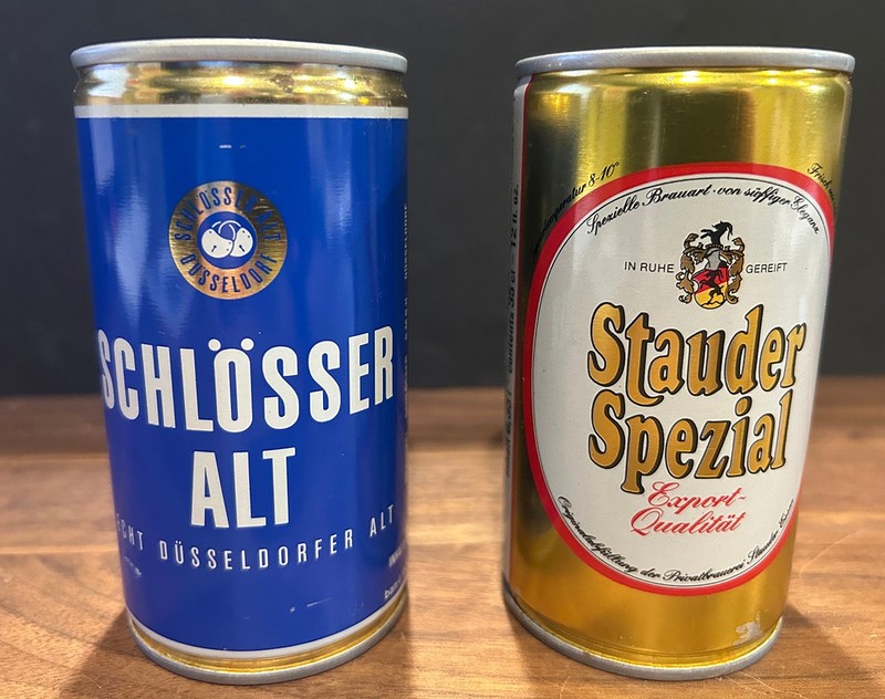 Stauder Spezial and Schlosser Alt Vintage Steel Pull tab Beer Cans EMPTY Germany