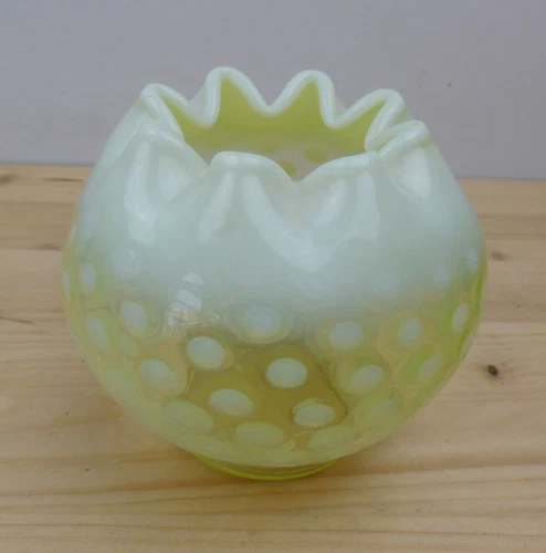 Fenton Vaseline Opalescent 3 1/2" Bud Vase Baby Coin Spot Crimped Top Glows