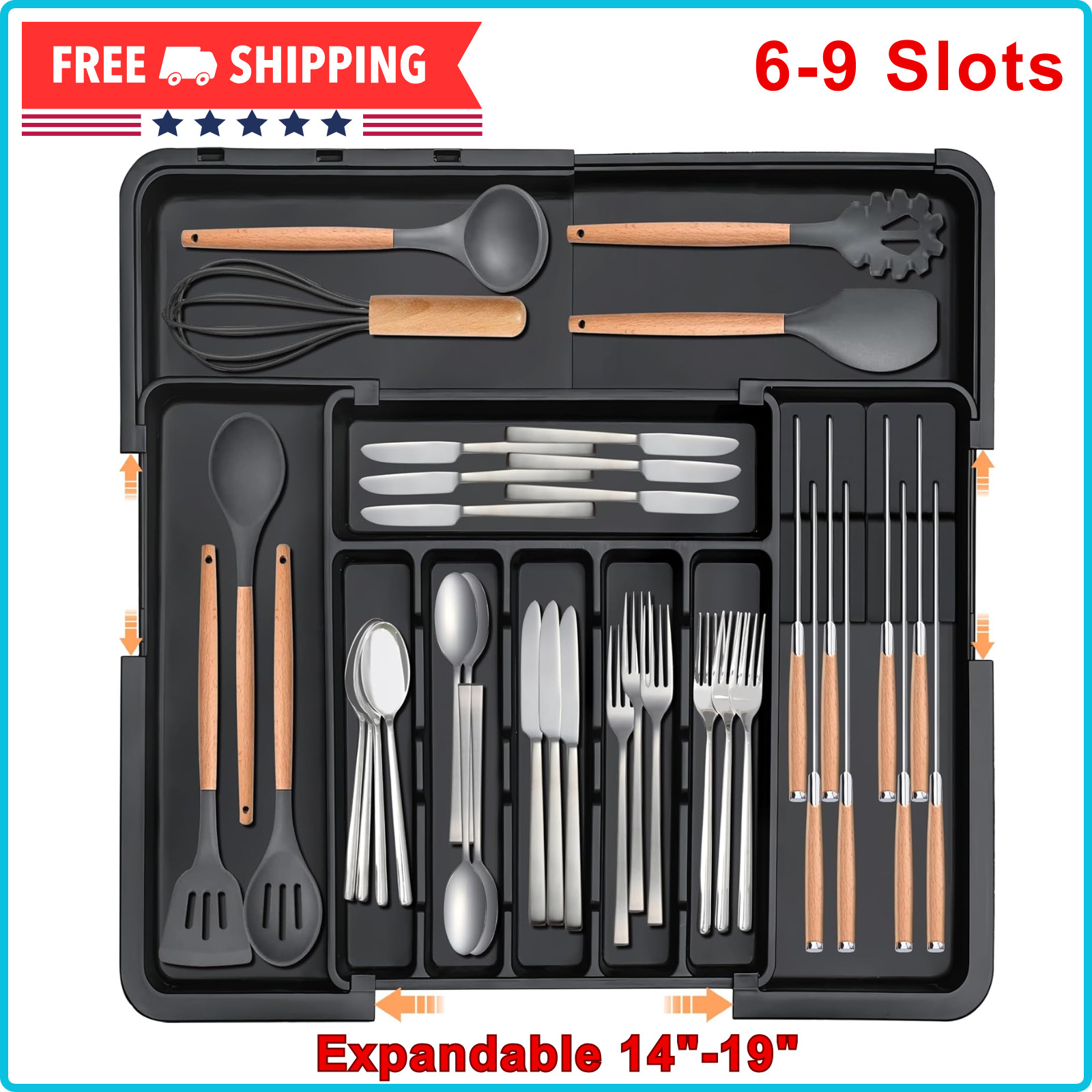 Expandable Silverware Organizer - Large Adjustable Kitchen Drawer Tray, 9 Slots