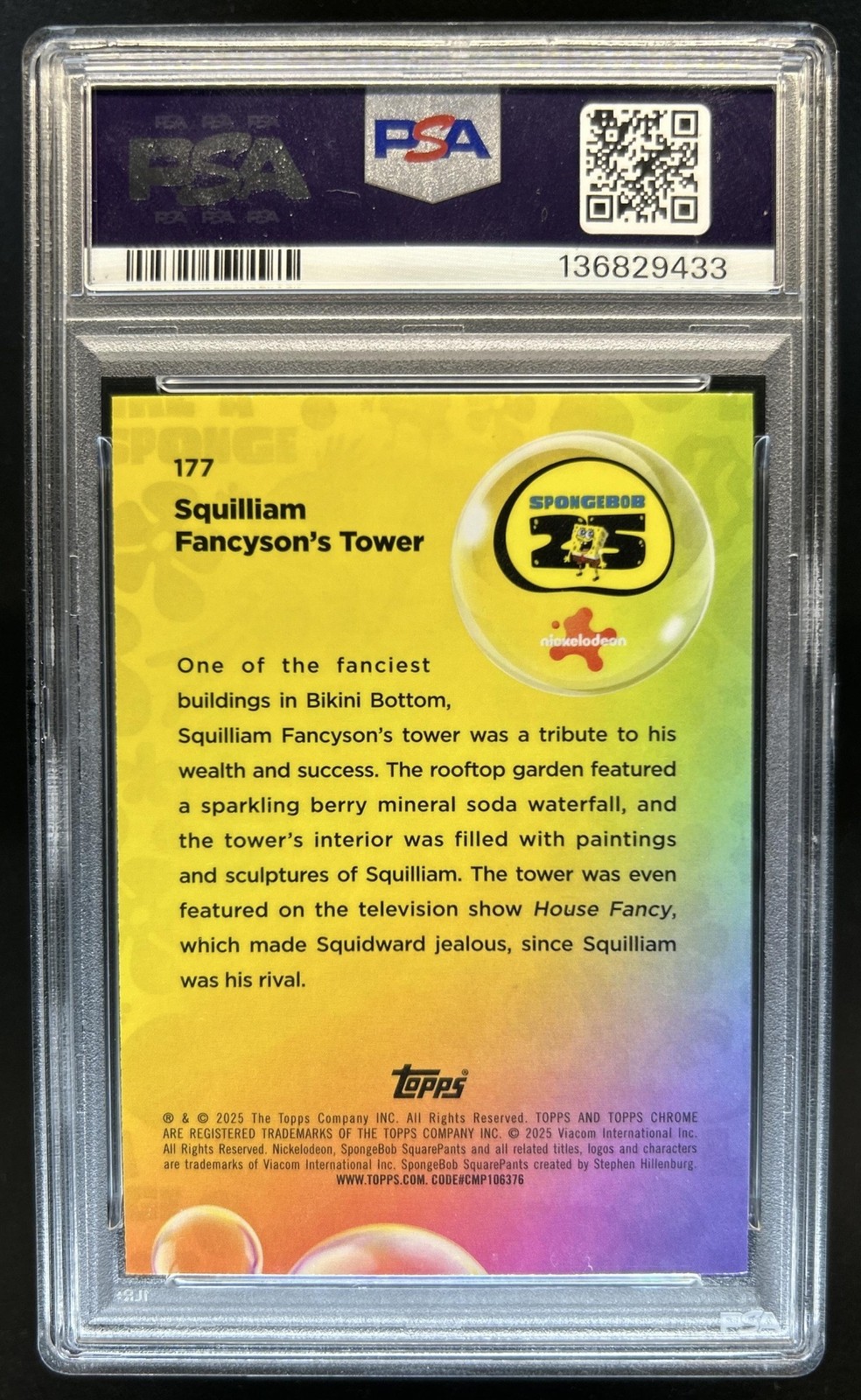 2025 Topps Chrome SpongeBob Sapphire Squilliam Fancyson's Tower Green /99 PSA 10 view 2