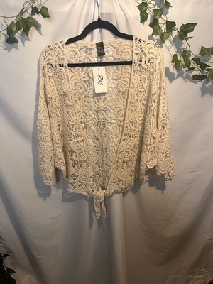 Raj Ivory Crochet Tie Front Bohemian Tunic Blouse V-Neck 3/4 Sleeve One Size