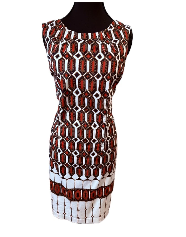 Talbots Sleeveless Dress Lined Cream Red Brown Black Size 8 Slightly Above Knee - Image 2 of 4