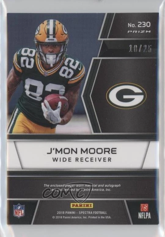 2018 Panini Spectra Neon Pink Prizm /25 J'Mon Moore RPA Rookie Patch Auto RC - Image 2 of 2