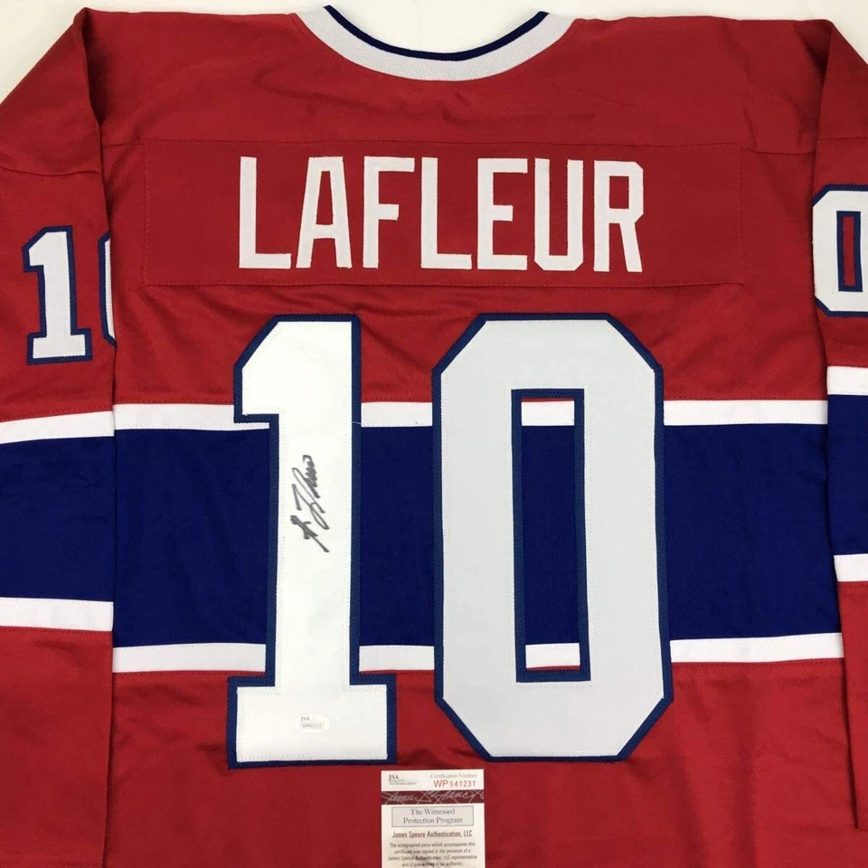 Camiseta deportiva de hockey roja autografiada/firmada de Guy LaFleur Montreal certificado de autenticidad JSA automática Foto 2 de 4