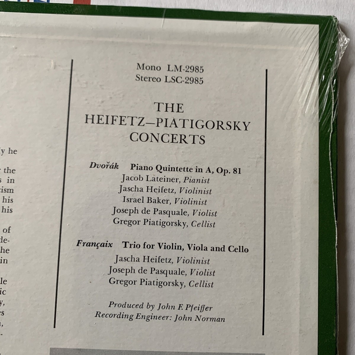 HEIFETZ - PIATIGORSKY CONCERTS 1967 RCA VICTOR LSC 2985 STEREO
