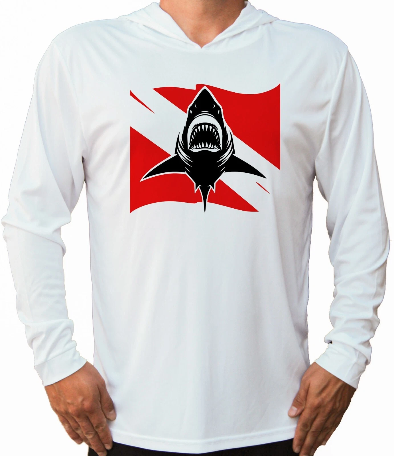 Scuba Diving Diver Flag Boat UV Protected UPF 50 Long Sleeve T-Shirt Hood Shark