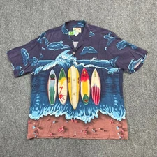 Paradise Found Shirt Mens 2XL XXL Blue Hawaiian Surfboard Surfer Print Button Up