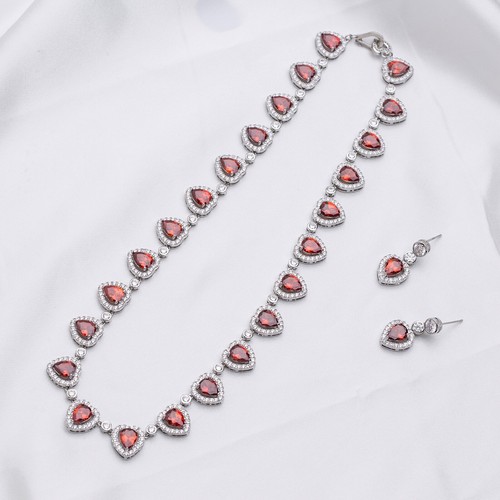 Carino Donna Opera Collana & Orecchini a Goccia,con Trasparente & Rosso 5A - Foto 3 di 18