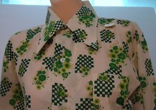 NOS Vtg Cream Green Geometric Checks Big Collar Disco Rockabilly Pimp M Shirt