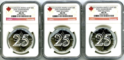 LOT OF 3 - 2013 CANADA MAPLE LEAF S$5 NGC MS70 25TH ANNIVERSARY FR - EX SCARCE