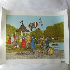 H.Hargrove Oil Canvas 19"×16" Painting Village Fair/ Festival/Gazebo/Balloon New