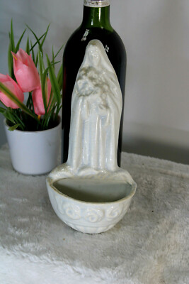 Antique SAint Rita Faience Signed holy water font religious 