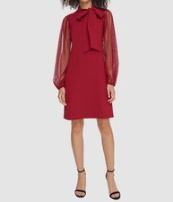 Vince Camuto Women Red Polka Dot Mesh Sleeve Self-Tie Mock Neck Dress Size 16