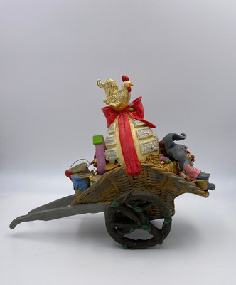 Vintage Resin Heavy Easter Basket Wagon Decoration w/ Bunny Egg and Chicken
