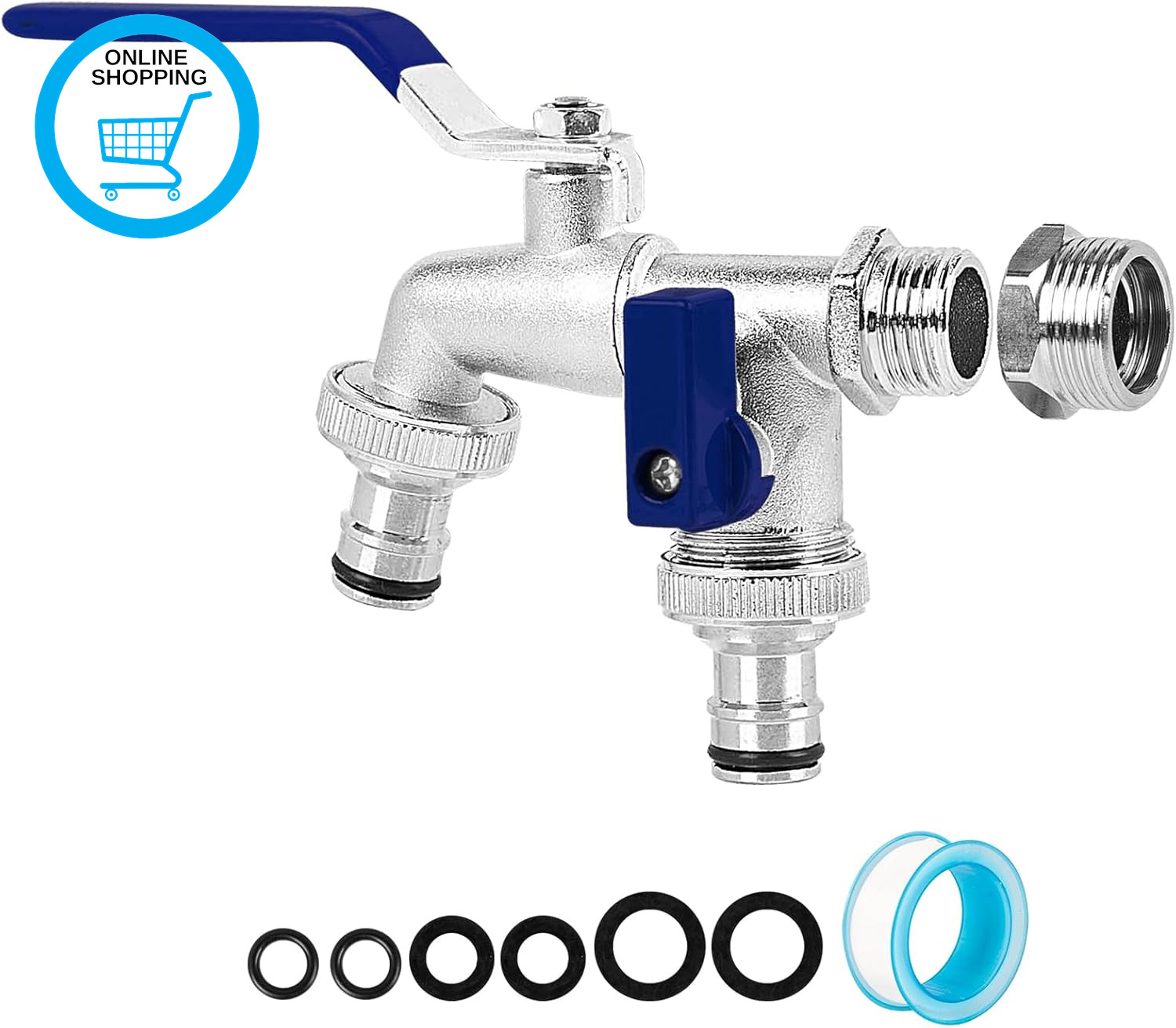 Double Outlet Garden Tap outside Tap Universal 3/4 and 1/2 Inch, Brass Alloy Dou