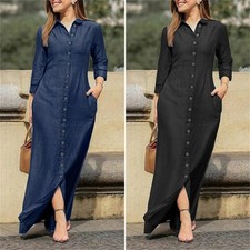 Womens Casual Button Down Denim Maxi Dress Long Sleeve Long Jean Dresses With Po