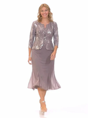 NWT Alex Evenings Pewter / Frost Tea Length Formal Jacket Dress MSRP $250 14W