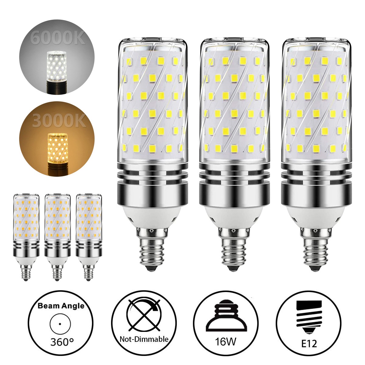3PCS E12 16W LED Corn Light Bulb 6000K Daylight 360 Degree f