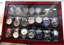 Watch Display Case 21 Slot Ebony Wood  Leather Organizer Storage Glass Lid Box