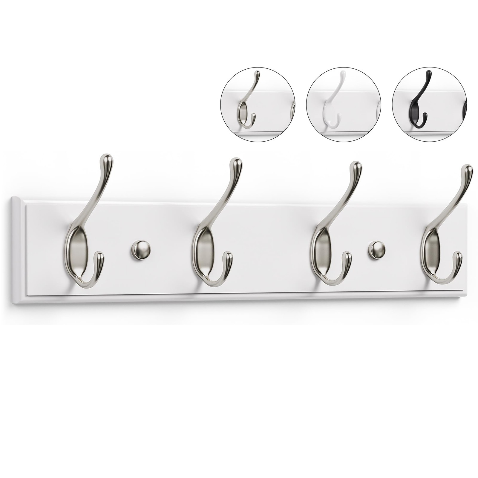 LARHN White Coat Hooks Wall Mounted Rack - 4 4 Hook, & Matt Nickel