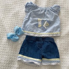 VTG Girls Matching Set - Blue Gingham w/Butterfly Detail - Size 0/3M