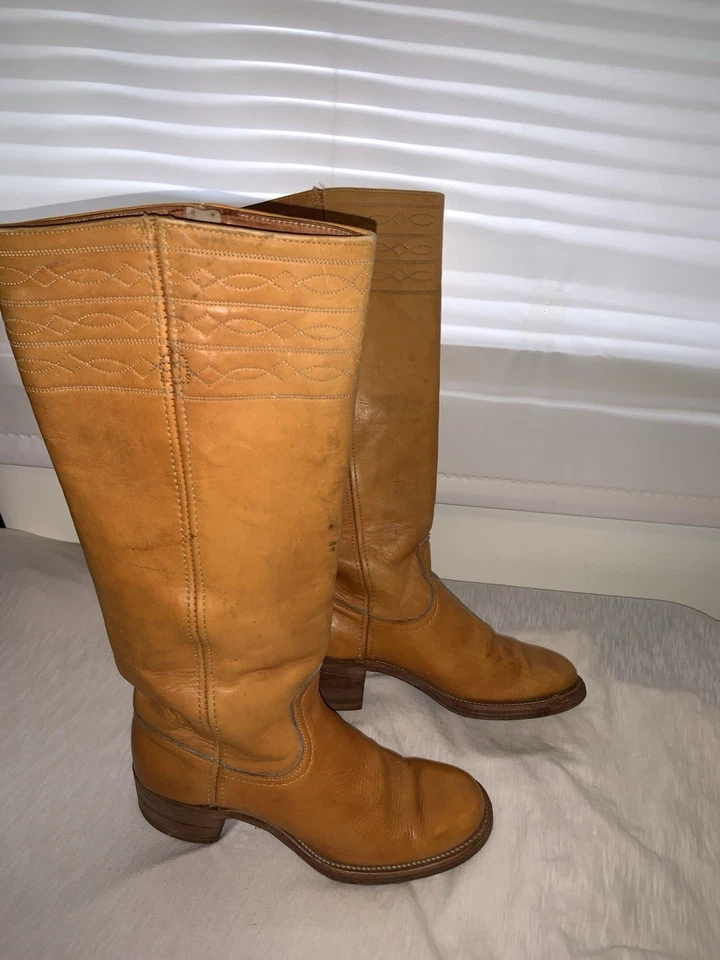 Vtg 60s 70s Frye Campus Boots Womens 6 Banana Tan Square Toe Black Label - Image 3 of 4