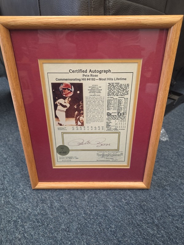 1985 Pete Rose Autographed Notarized Photo Matted Framed With Stat Plaque-