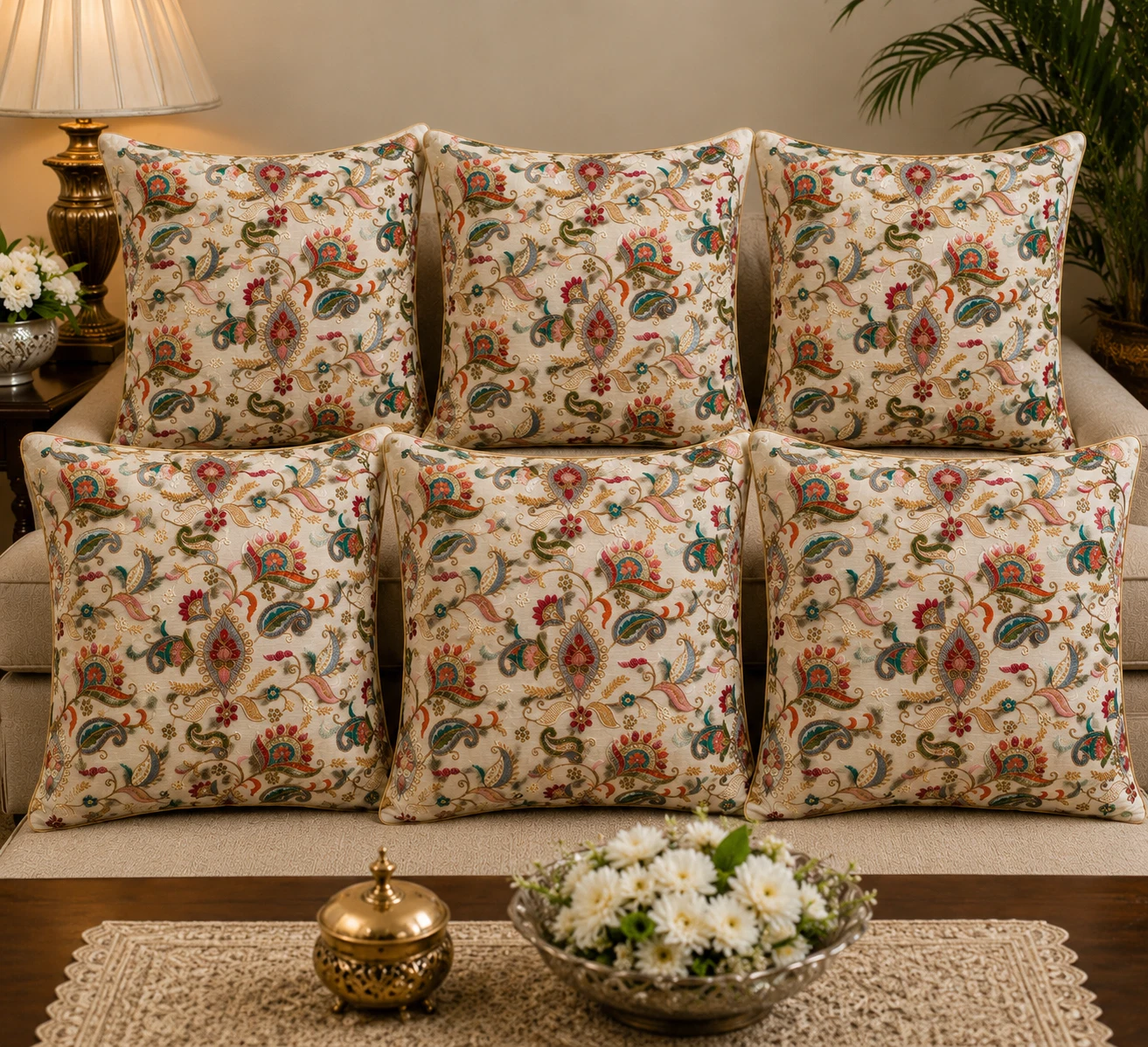 DESIGNER CUSHION COVER ( SET OF 6 PCS) INDIAN ZARI HAND EMBROIDERED 24" X 24"