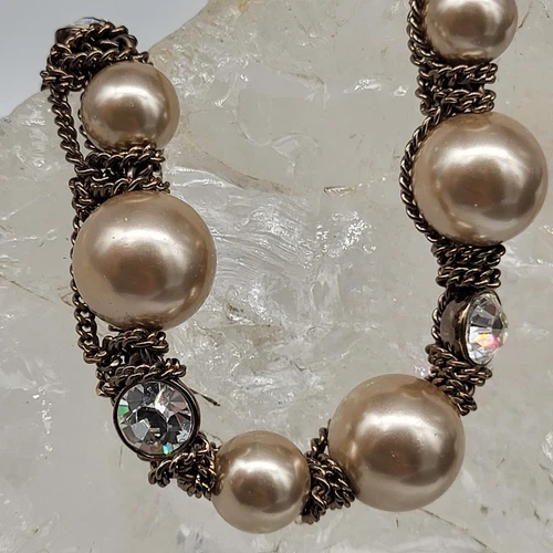 Collana Givenchy Champagne Perla Finto Cristallo Firmata Tono Bronzo da 16" a 18"