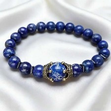 Natural Lapis Lazuli Beaded Bracelet Crown Charm Stretch Vintage Men Women Gift