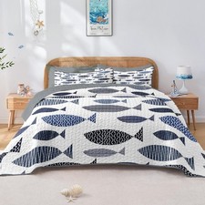 Pamnest Quilt Set Twin Size Coastal Fish Ocean 2 Pcs with Pillow Sham