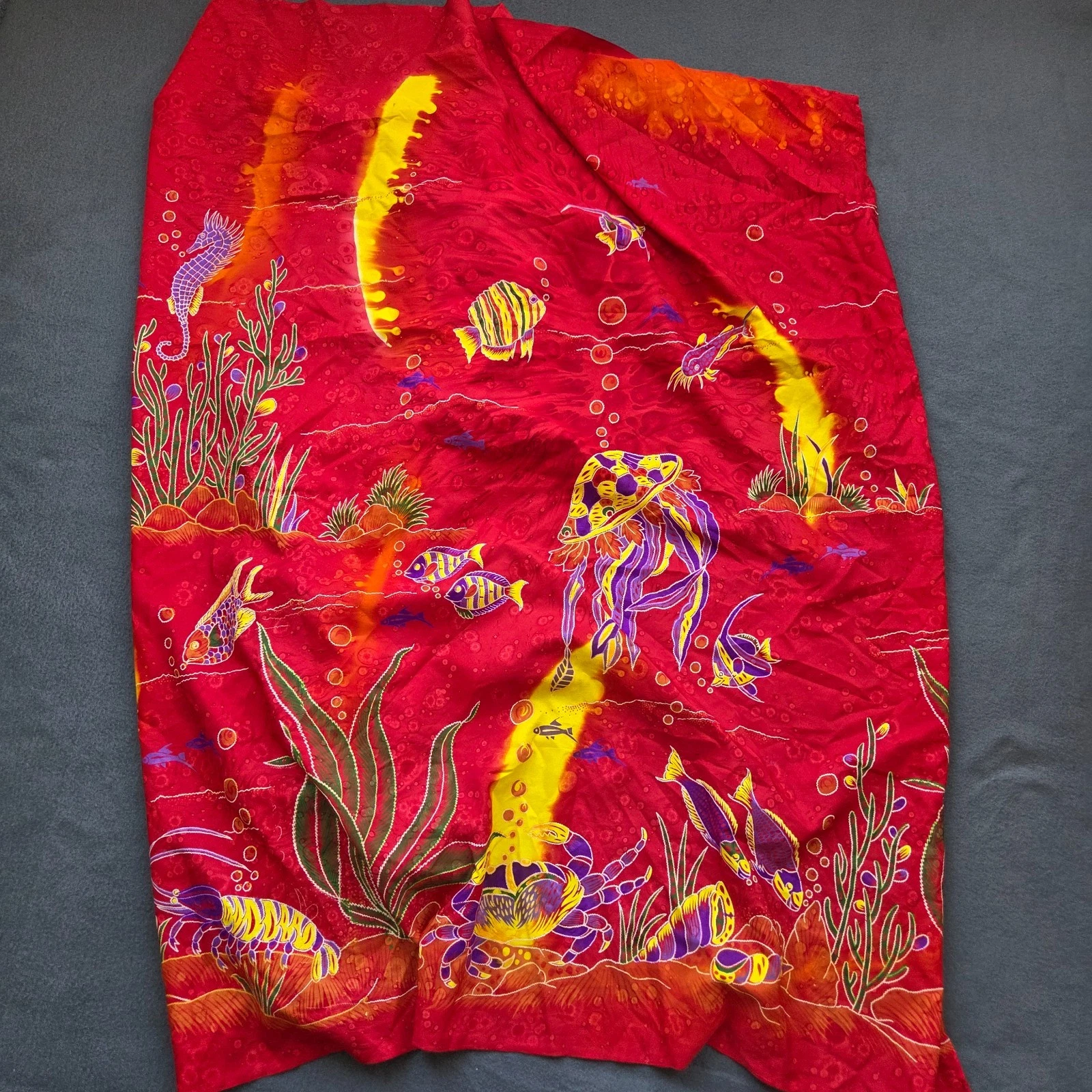Sarong Swim Wrap Shawl Scarf Tropical Fish Ocean 42x70" Red Jellyfish Seahorse