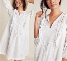 Anthropologie Thames White Eyelit Cotton Mini Dress Long Sleeve Size 2