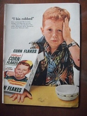 VTG 1955 Orig Magazine Ad Kellogg's Corn Flakes Cereal Boy ''I Bin Robbed''