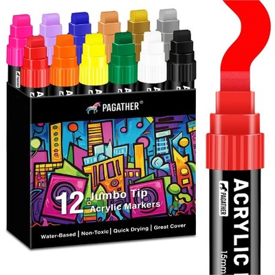 12 Colors Jumbo Acrylic Markers with 15mm Felt Tip   Large Permanent Paint Pe...