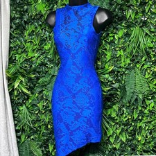 Nookie Dress Size US 2 AU 6 Blue Lace Mock Neck Asymmetrical Hem Bodycon 3452