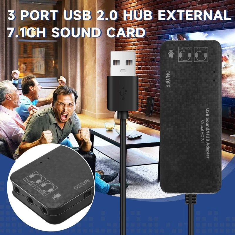 3 Port Usb 2.0 Hub External 7.1Ch Sound Card Headset Microphone Adapter For1752 - Image 2 of 4