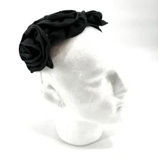 Black Fascinator Fabric Rosettes Over Mesh Form VTG Headwear